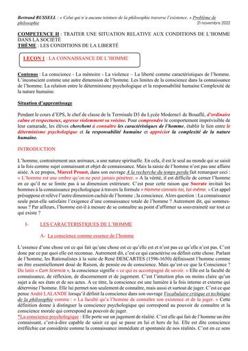 COURS DE PHILO 1ière A LA CONNAISSANCE DE L’HOMME by TEHUA