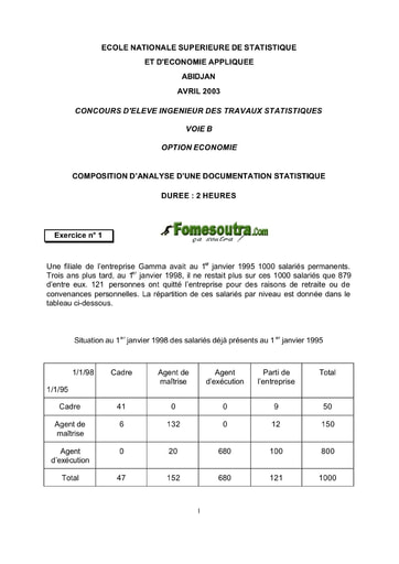 Sujet d' Analyse d'une Documentation Statistique ITS B option Economie 2003 (ENSEA)