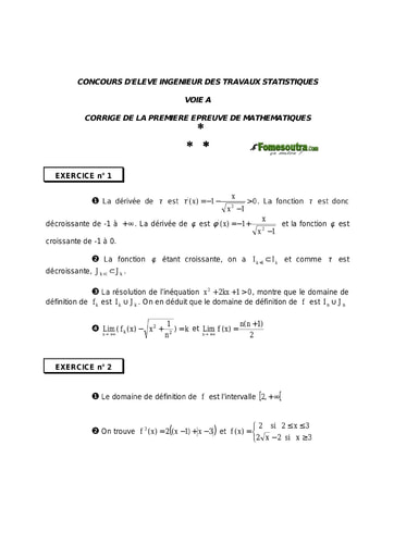 Corrigé 1ère épreuve de maths ITS A 1999 (ENSEA - ENSAE - ISSEA)