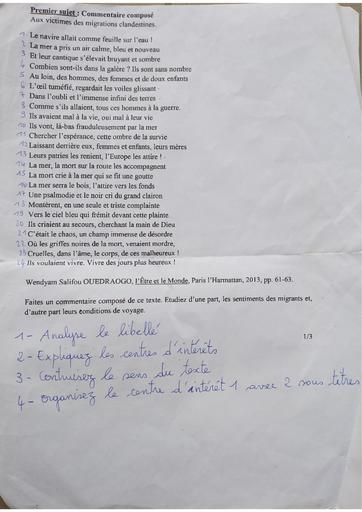 Sujet Commentaire Composé 1iere D sainte foi Abobo 2023 by Tehua