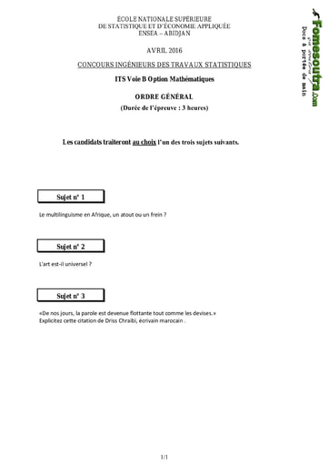 Sujet d'ordre générale ITS B option Maths 2016 (ENSEA)
