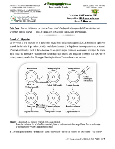 Sujet de Biologie animale concours A2GP 2016