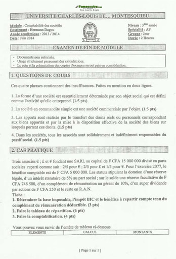Sujet Comptabilité des sociétés - 3eme année - Université Charles-Louis De...Montesquieu