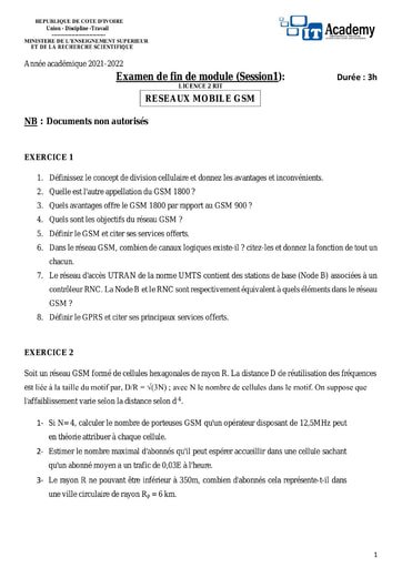 Sujet de reseau mobile (gsm) 2eme annee bts ou licence 2