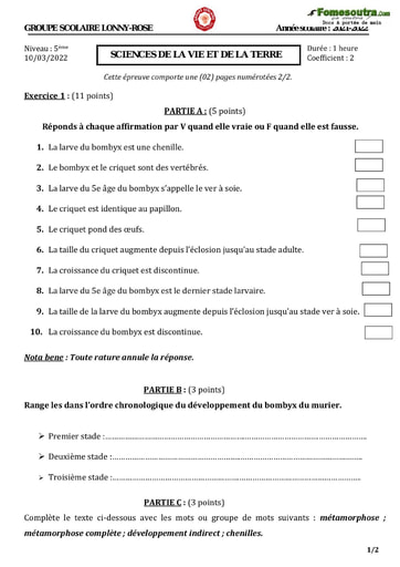 Devoir de SVT niveau 5ème Groupe Scolaire Lonny-Rose - Année scolaire 2021 - 2022