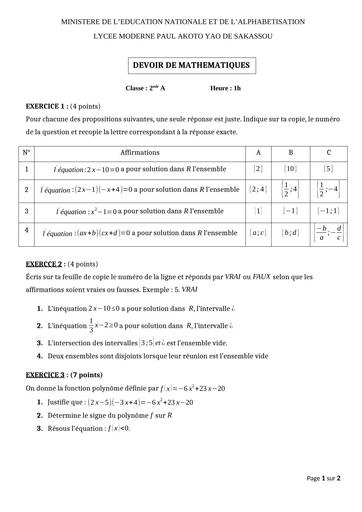 Devoir de Maths 2nde A Novembre 2025 by TEHUA
