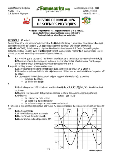 Devoir 1 Physique-Chimie niveau Terminale D lycée moderne Dimbokro