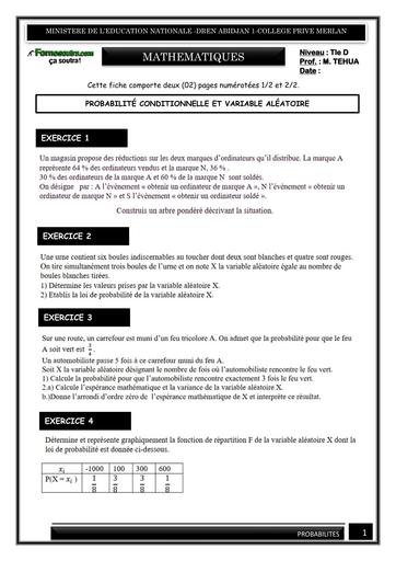 FICHE DE TRAVAUX DIRIGES MATHS NIVEAU Tle D sur PROBABILITES 2025 2026 by TEHUA