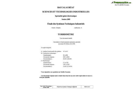 Présentation du sujet corrigé Turbidimètre - Étude des système techniques industriels - Terminale F2