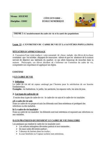 EDHC 6ème L11 L’ENTRETIEN DU CADRE DE VIE ET LA SANTÉ DES POPULATIONS