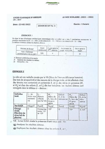 Sujet de SVT Terminale D Lycée Classique Abidjan 2021-2022