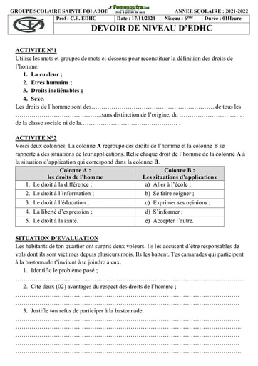 Devoir EDHC  Niveau 6ème