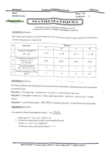 Bepc Blanc 2024 Maths sujet+barème dren Divo by Tehua