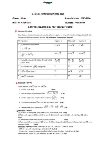 SUJET COURS DE RENFO MATHS NIVEAU 3ième  by TEHUA