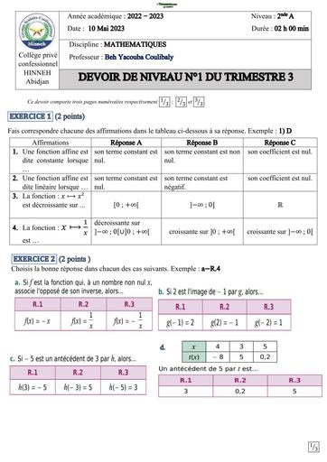 DEVOIR DE NIVEAU MATHS 2nde A HINNEH 2023 TRIMESTRE 3 BY TEHUA