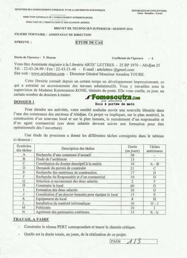 Etude de Cas BTS Assistanat de Direction 2014