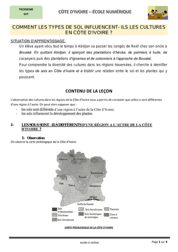 Comment les types de sol influencent-ils les cultures en Côte d'Ivoire ? Cours SVT 3eme