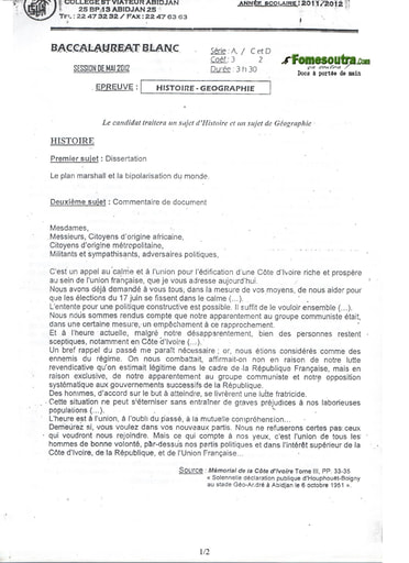 Sujet d'Histoire et Géographie BAC blanc série A C et D 2012 - Collège St Viateur Abidjan