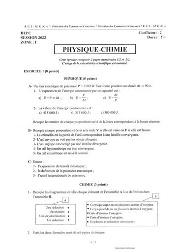 Sujet+Correction Pc Bepc 2022 (Zone 1,2 et3) by Tehua