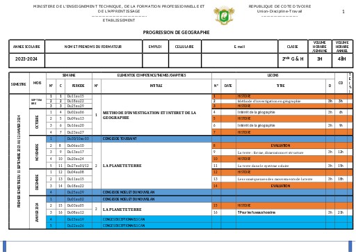 PROGRESSION 2023 2024 GEOGRAPHIE 2nde G & H