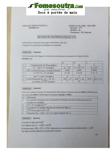 Devoir de Mathématiques niveau 3eme - Collège Privé Nadjala Korhogo - Année scolaire 2021-2022