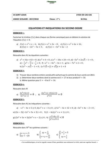 Fascicule de DEVOIRS MATHS 1ière A by TEHUA
