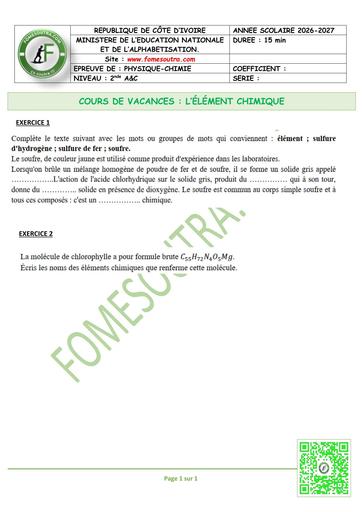 FICHE 1 2nde A&C PC ELEMENTS CHIMIQUES BY TEHUA