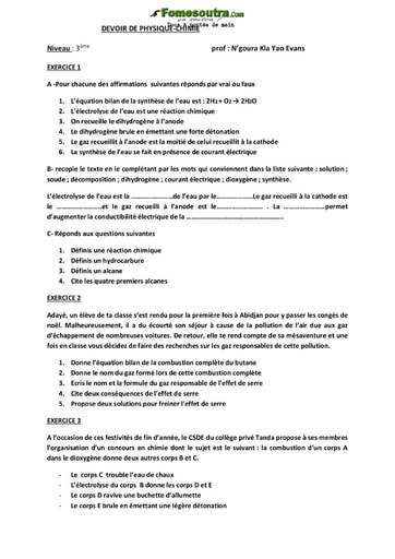 Devoir Physique Chimie niveau 3eme - Collège privé Tanda