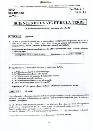 BEPC 2025 SVT ZONE 1 SUJET+CORRIGE Côte d'Ivoire BY TEHUA