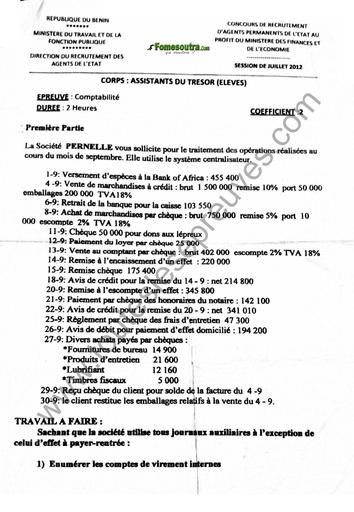 Concours De Recrutement D'agents Permanents De L'etat Corps Des Eleves Assistant Du Tresor Comptabilite CAP AC 2012 BY TEHUA