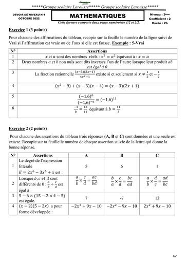DEVOIR DE MATHS NIVEAU 3ième GS LAROUSSE 2022 BY TEHUA