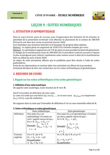 Sujets Terminale D Mathématique Suites numériques