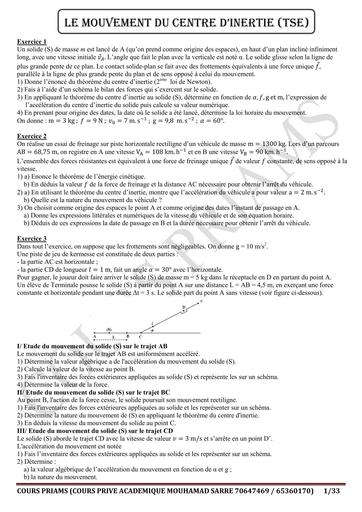 FCIHE DE TRAVAUX DIRIGES PHYHSIQUE MOUVEMENT DU CENTRE D'INERTIE Tle CD BY TEHUA