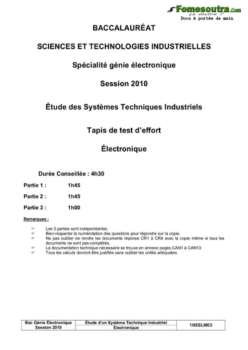 Sujet corrigé Tapis de test d’effort - Étude des Systèmes Techniques Industriels - BAC 2010