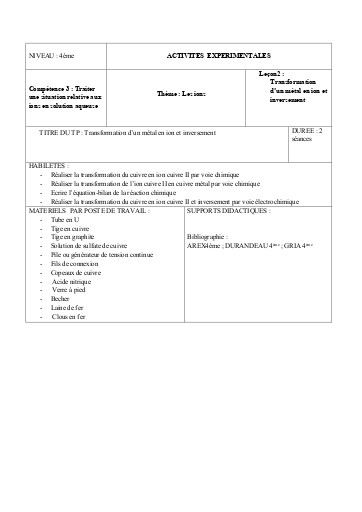 Leçon 11 Transformation d'un métal en ion et inversement