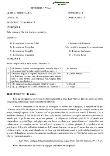 DEVOIR COMMUN ET CORRIGE fevrier Tle A by TEHUA