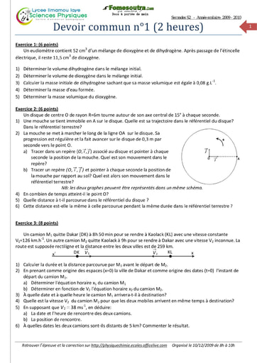 Devoir corrigé de Sciences Physiques niveau Seconde S - Lycée Limamou Laye - Année scolaire 2009-2010