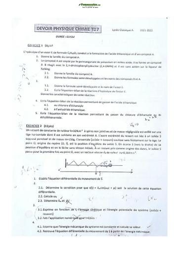 Sujet de Physique-Chimie Terminale D Lycée Classique Abidjan 21-22