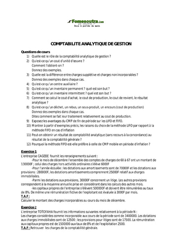 Sujet de comptabilité analytique de gestion niveau BTS