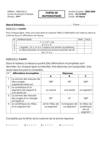 PARTIELS 2023 Maths 5ème LymuA by Tehua
