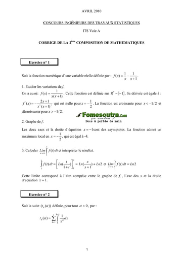 Corrigé 2ème épreuve de maths ITS A 2010 (ENSAE - ISSEA)