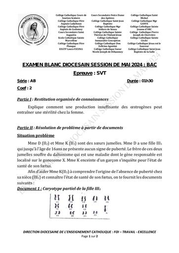 Sujet Bac blanc 2024 Diocesain cotonou SVT serie AB by Tehua