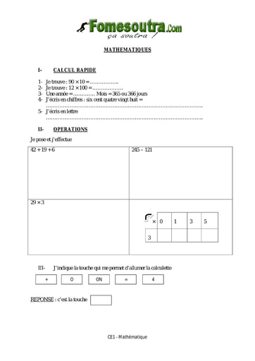 Mathématique 3 niveau CE1