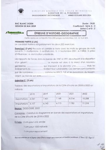 Examen Bac blanc Mai 2024 Fin d'année DGEM CSM Cocody Epreuve Histoire Géographie by Tehua