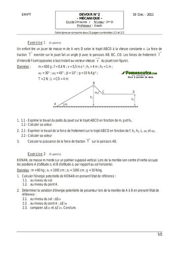 Devoir (2) de Physique 1ère D EMPT Bingerville