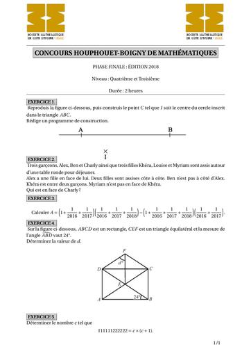 CONCOURS MATHS FHB 2018 niveau 4e-3e by DJAHA