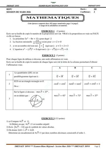 BEPC blanc Mars 2026 Maths Drena Divo sujet+barème By TEHUA