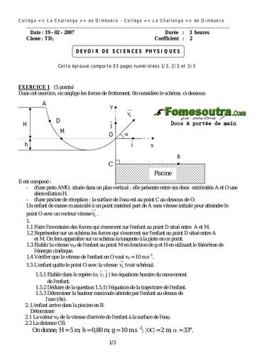 Devoir 11 Physique-Chimie niveau Terminale D Collège Le Challenge