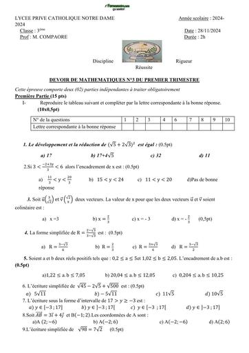 DEVOIR DE MATHS NIVEAU 3ième LYCEE PRIVE CATHOLIQUE NOTRE DAME N°2 TRIM 2 2024 BY TEHUA