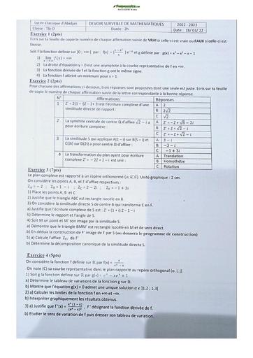 Sujet de Mathématique Terminale D Lycée Classique Abidjan 2021-2022